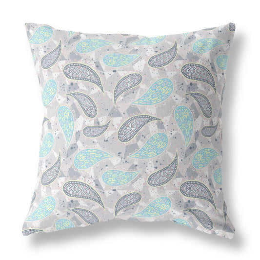 16?ǥ Gray Turquoise Boho Paisley Indoor Outdoor Throw Pillow