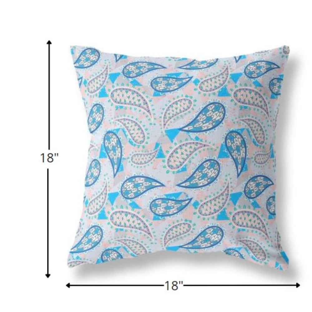 18” Blue Peach Boho Paisley Indoor Outdoor Throw Pillow