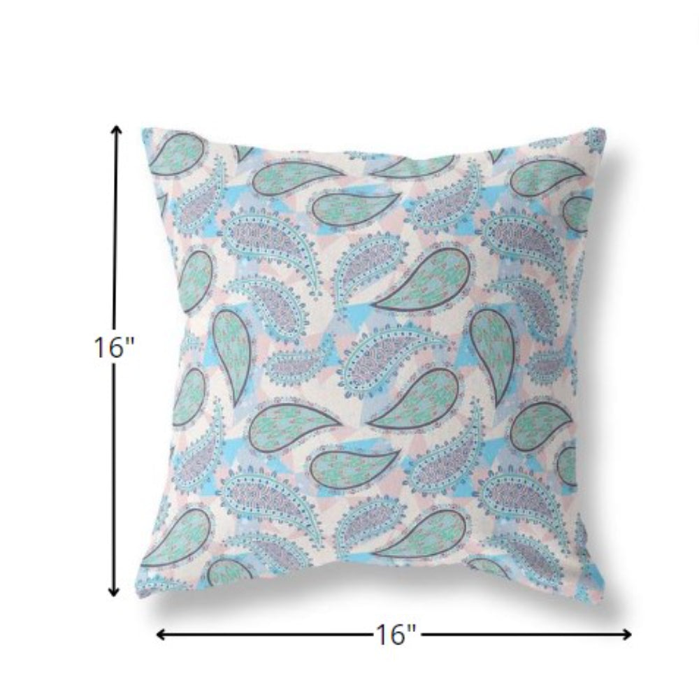 16?ǥ Blue Green Boho Paisley Indoor Outdoor Throw Pillow