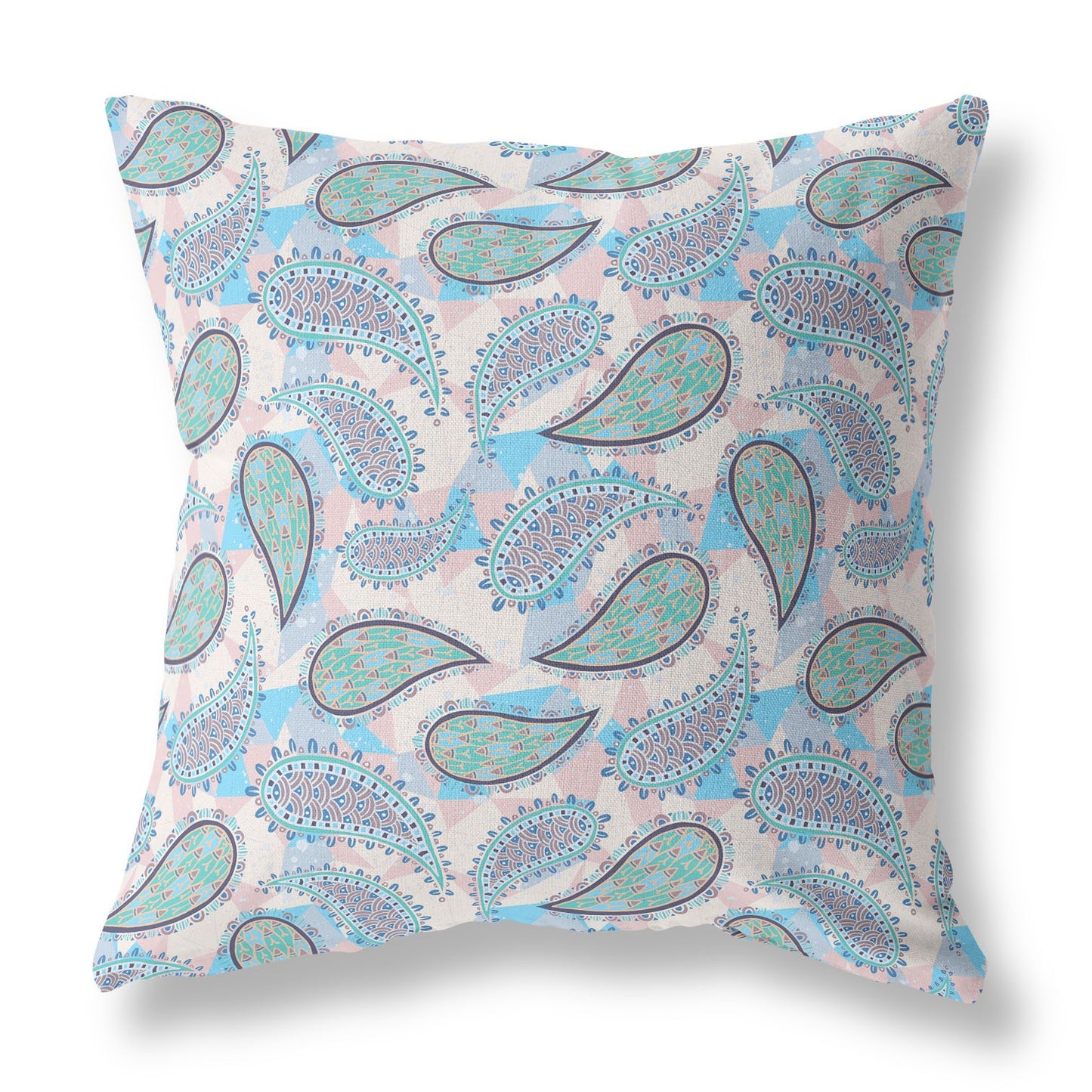 18” Blue Green Boho Paisley Indoor Outdoor Throw Pillow