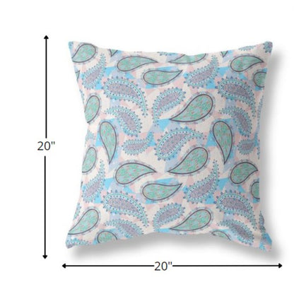 18” Blue Green Boho Paisley Indoor Outdoor Throw Pillow