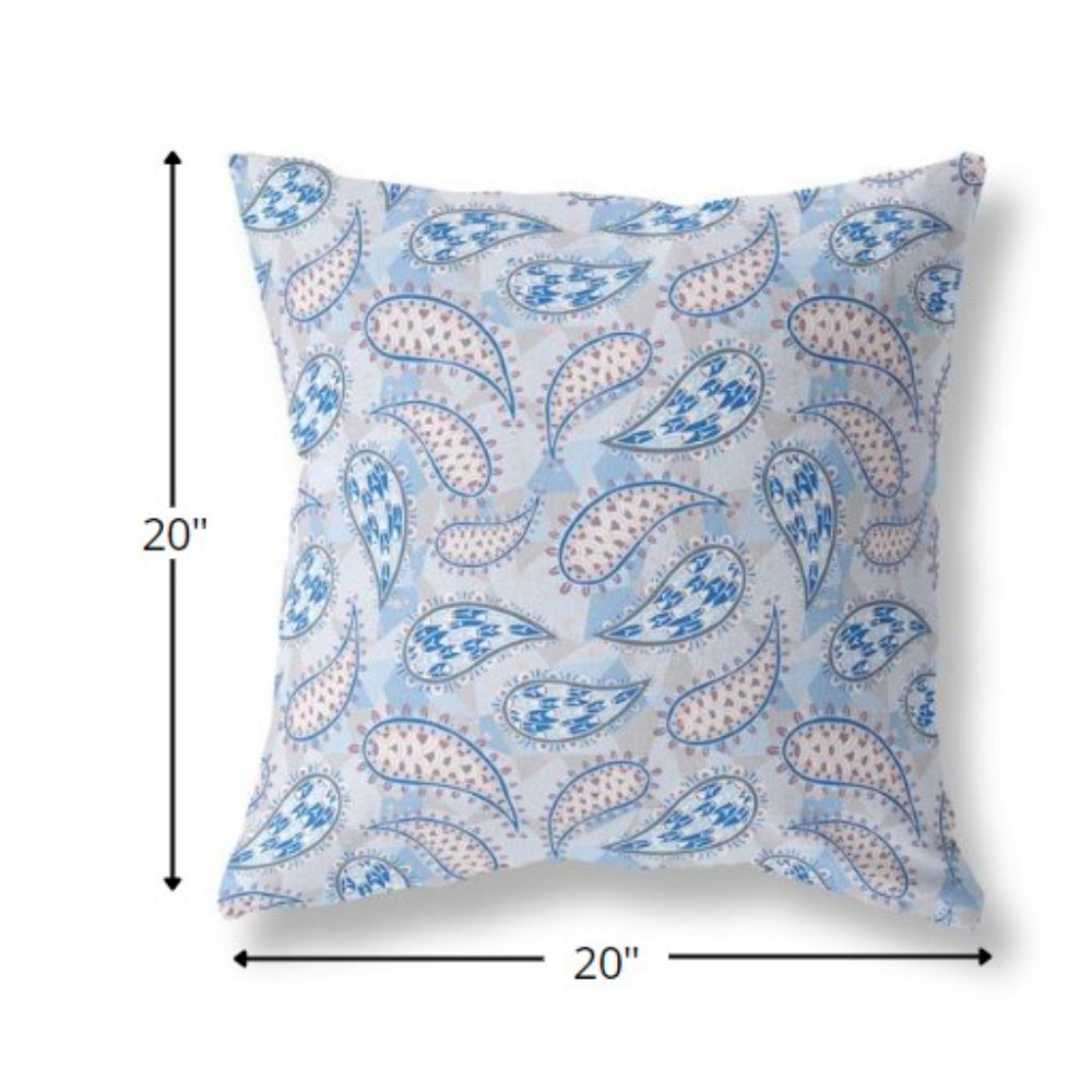 18” Blue Gray Boho Paisley Indoor Outdoor Throw Pillow