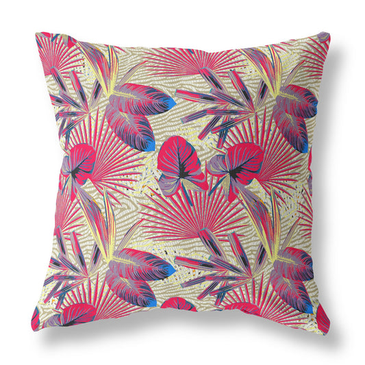 16” Pink Yellow Tropical Indoor Outdoor Throw Pillow