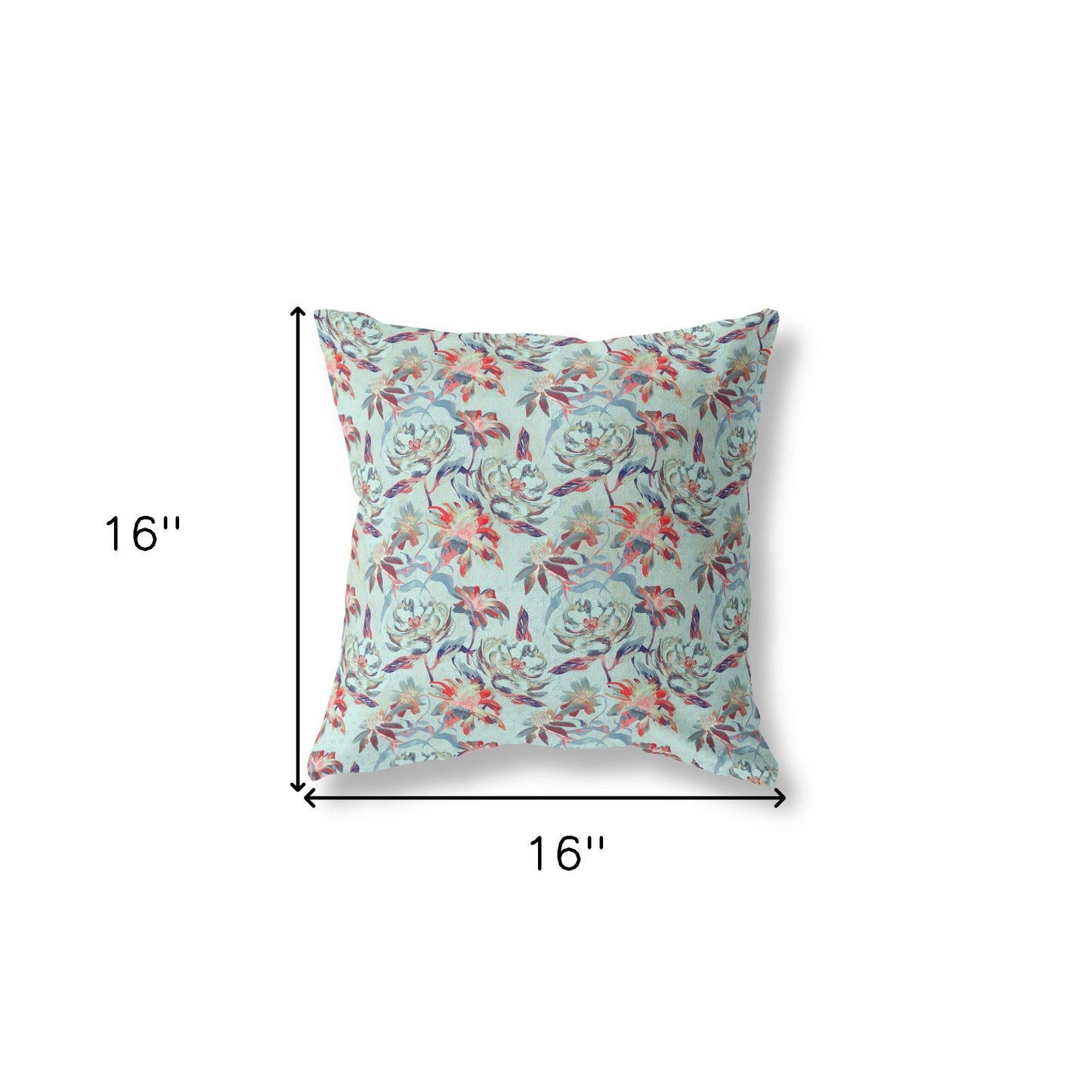 16” Red Aqua Roses Indoor Outdoor Throw Pillow