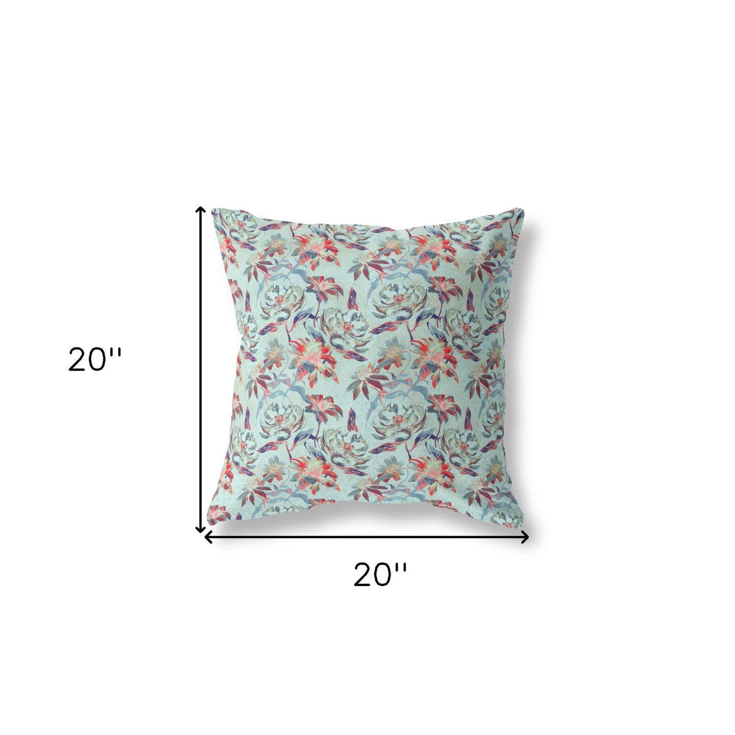 18” Red Aqua Roses Indoor Outdoor Throw Pillow