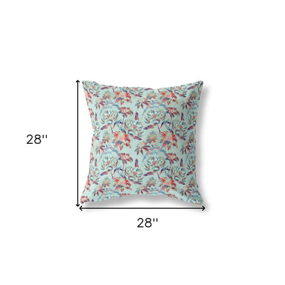 18” Red Aqua Roses Indoor Outdoor Throw Pillow