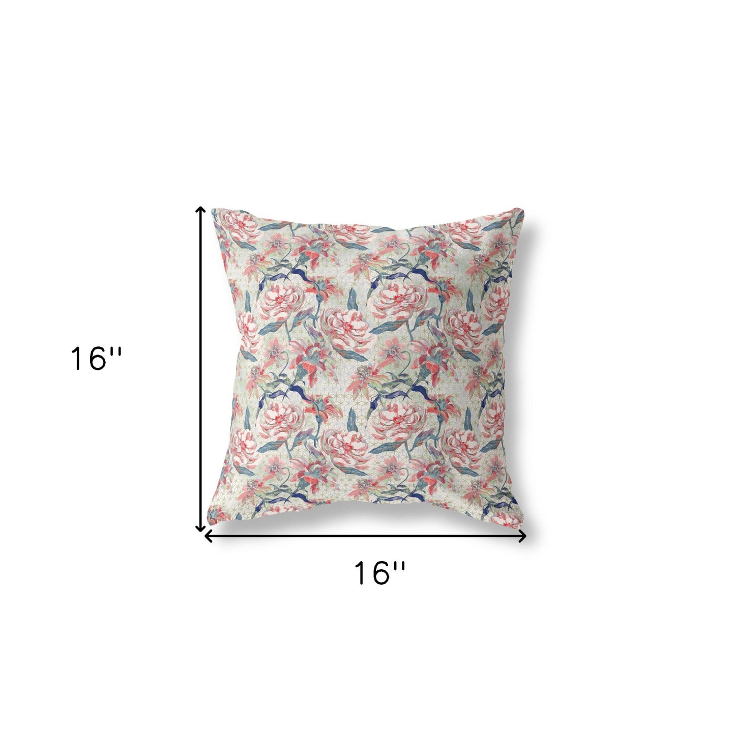 16” Red Pale Green Roses Indoor Outdoor Throw Pillow