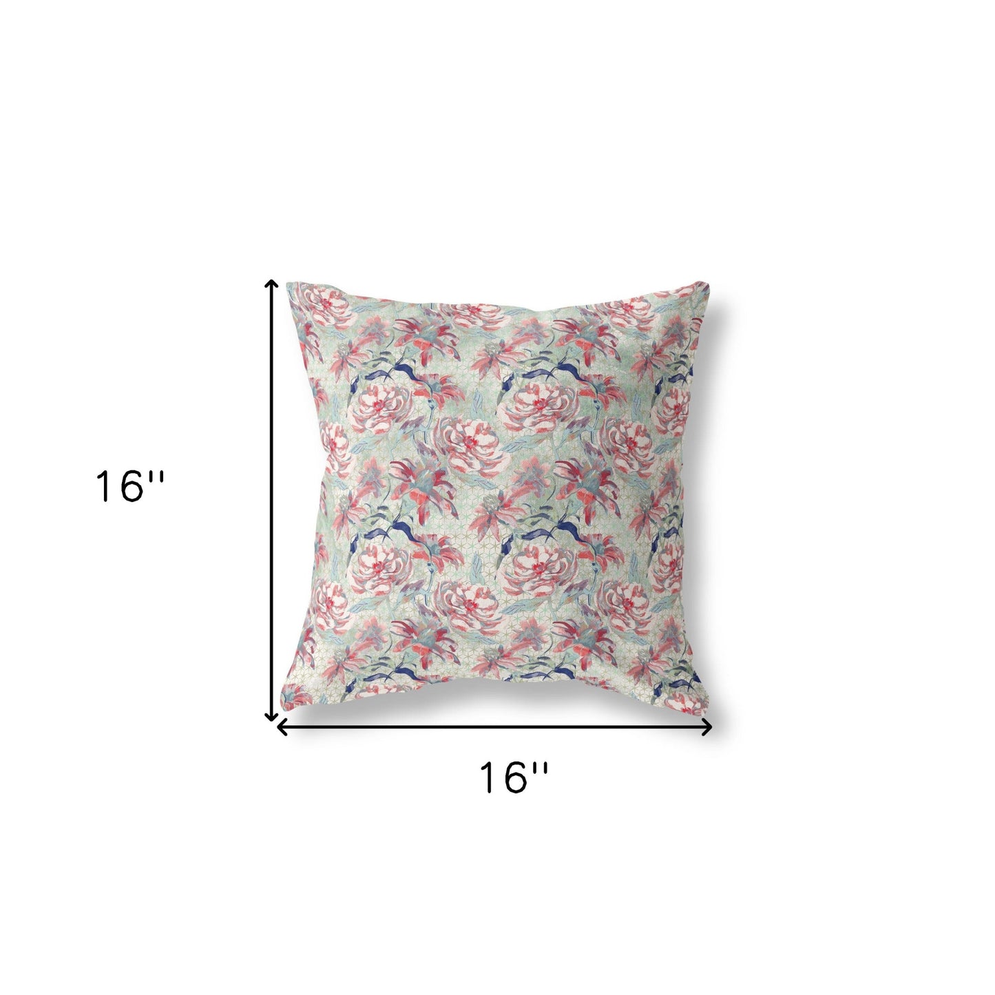 16” Light Green Red Roses Indoor Outdoor Throw Pillow