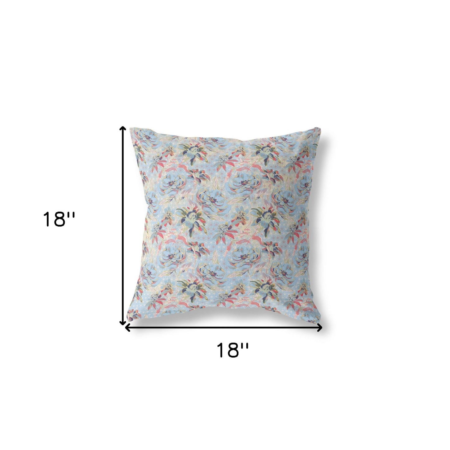 18” Light Blue Red Roses Indoor Outdoor Throw Pillow