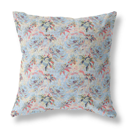 18” Light Blue Red Roses Indoor Outdoor Throw Pillow