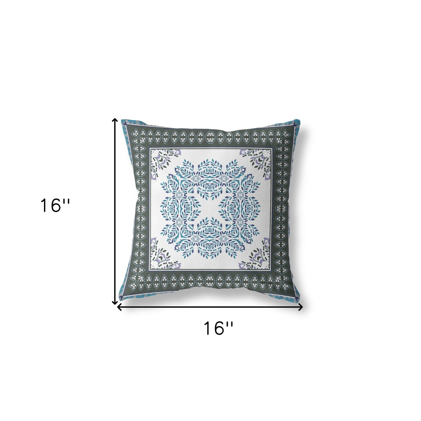 16" X 16" White And Green Blown Seam Floral Indoor Outdoor Throw Pillow