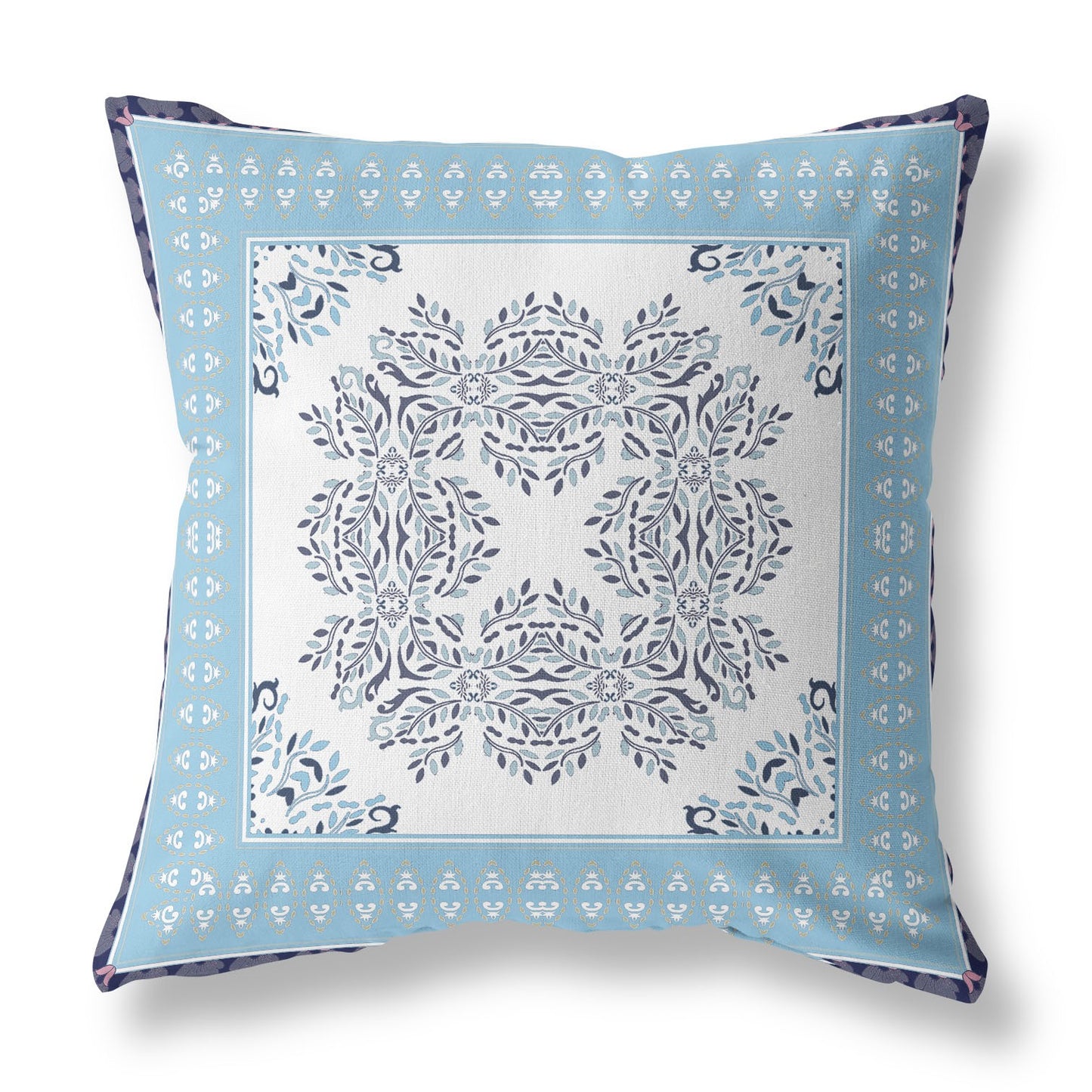 16" X 16" White And Indigo Blown Seam Floral Indoor Outdoor Throw Pillow