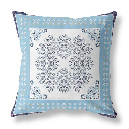 16" X 16" White And Indigo Blown Seam Floral Indoor Outdoor Throw Pillow