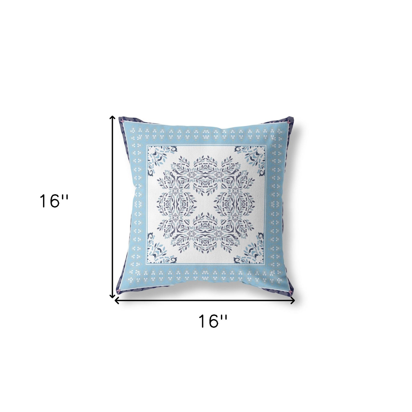 16" X 16" White And Indigo Blown Seam Floral Indoor Outdoor Throw Pillow