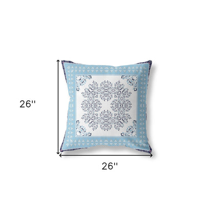 18" X 18" White And Indigo Blown Seam Floral Indoor Outdoor Throw Pillow