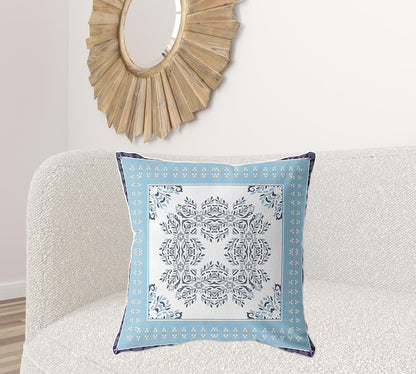 18" X 18" White And Indigo Blown Seam Floral Indoor Outdoor Throw Pillow