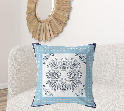 18" X 18" White And Indigo Blown Seam Floral Indoor Outdoor Throw Pillow