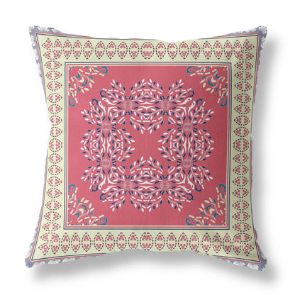 16" X 16" Red And Cream Blown Seam Floral Indoor Outdoor Throw Pillow