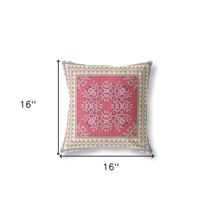 16" X 16" Red And Cream Blown Seam Floral Indoor Outdoor Throw Pillow