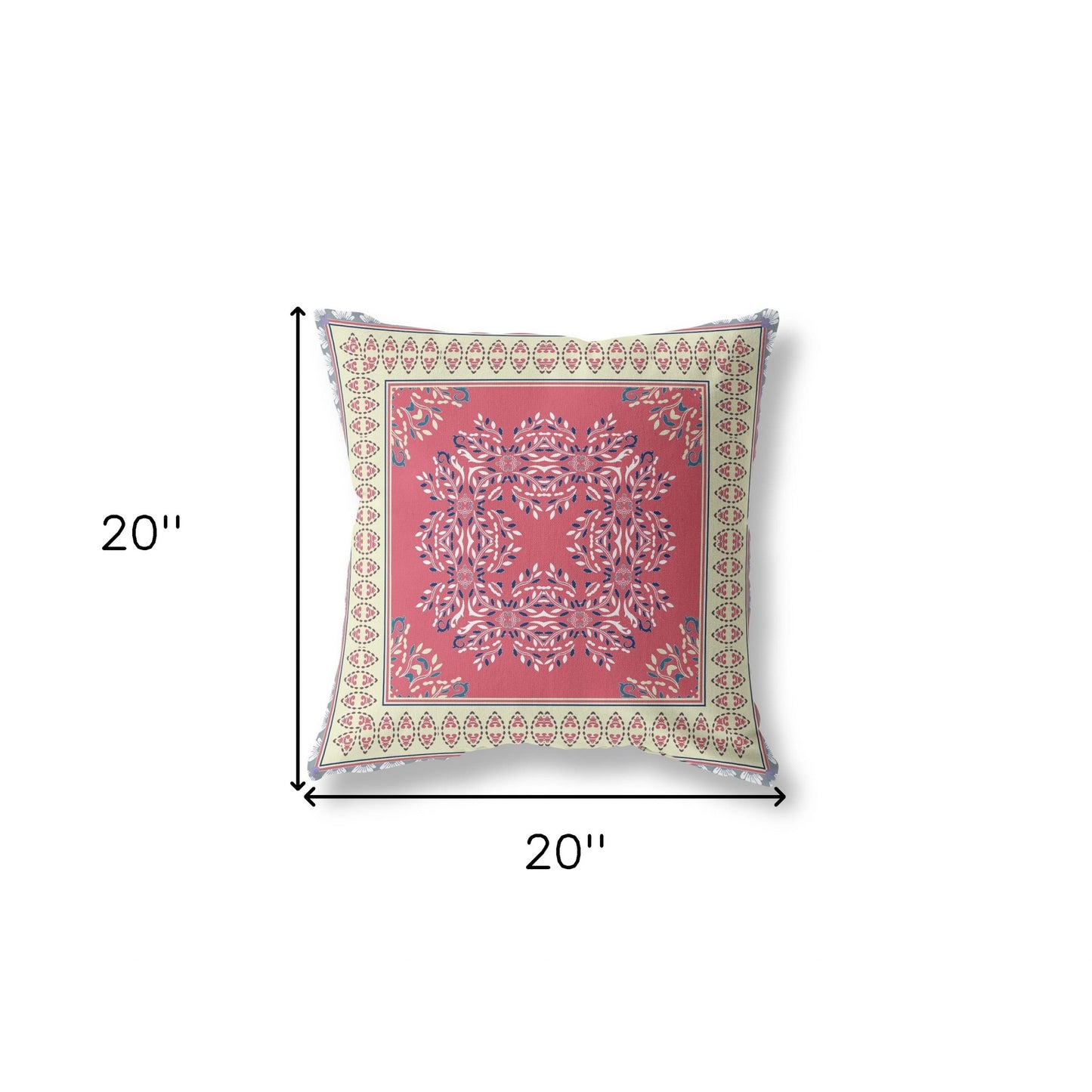 18" X 18" Red And Cream Blown Seam Floral Indoor Outdoor Throw Pillow