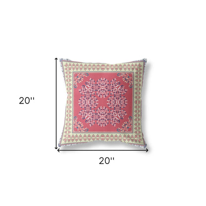 18" X 18" Red And Cream Blown Seam Floral Indoor Outdoor Throw Pillow