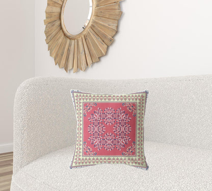 18" X 18" Red And Cream Blown Seam Floral Indoor Outdoor Throw Pillow