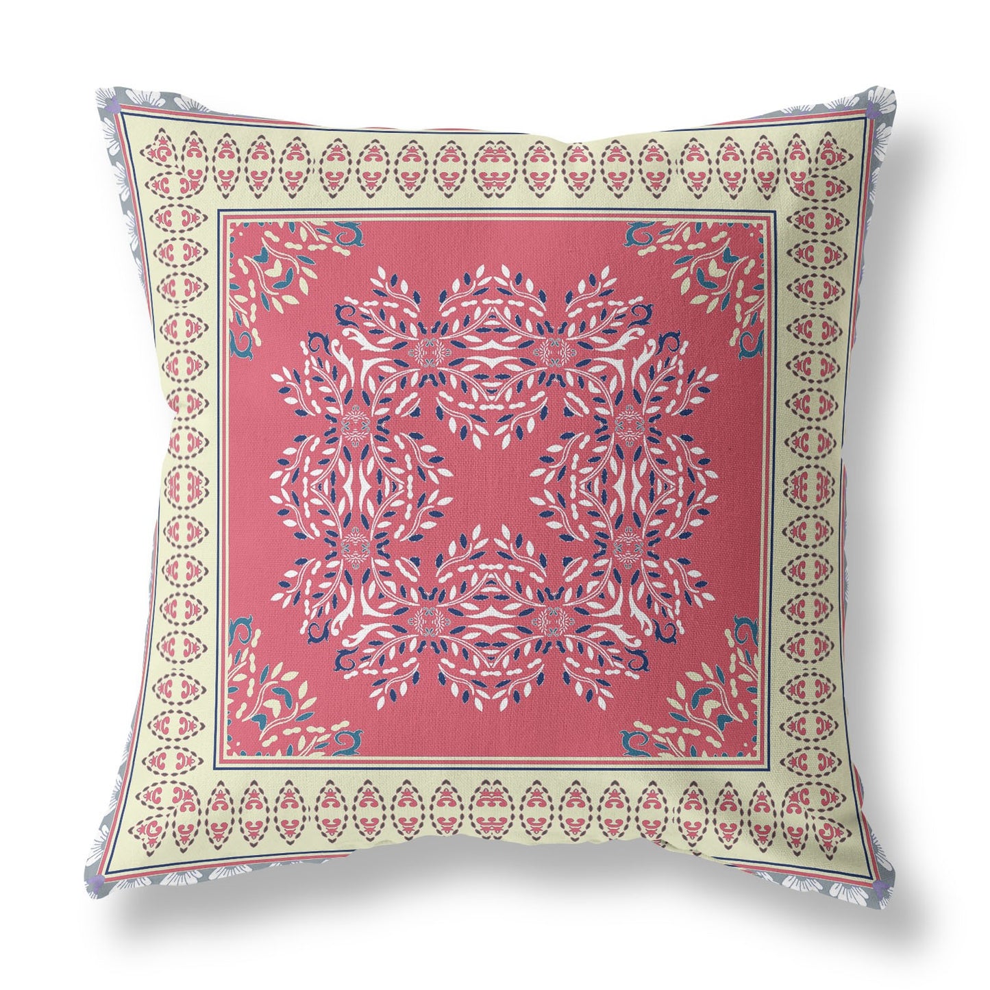 18" X 18" Red And Cream Blown Seam Floral Indoor Outdoor Throw Pillow