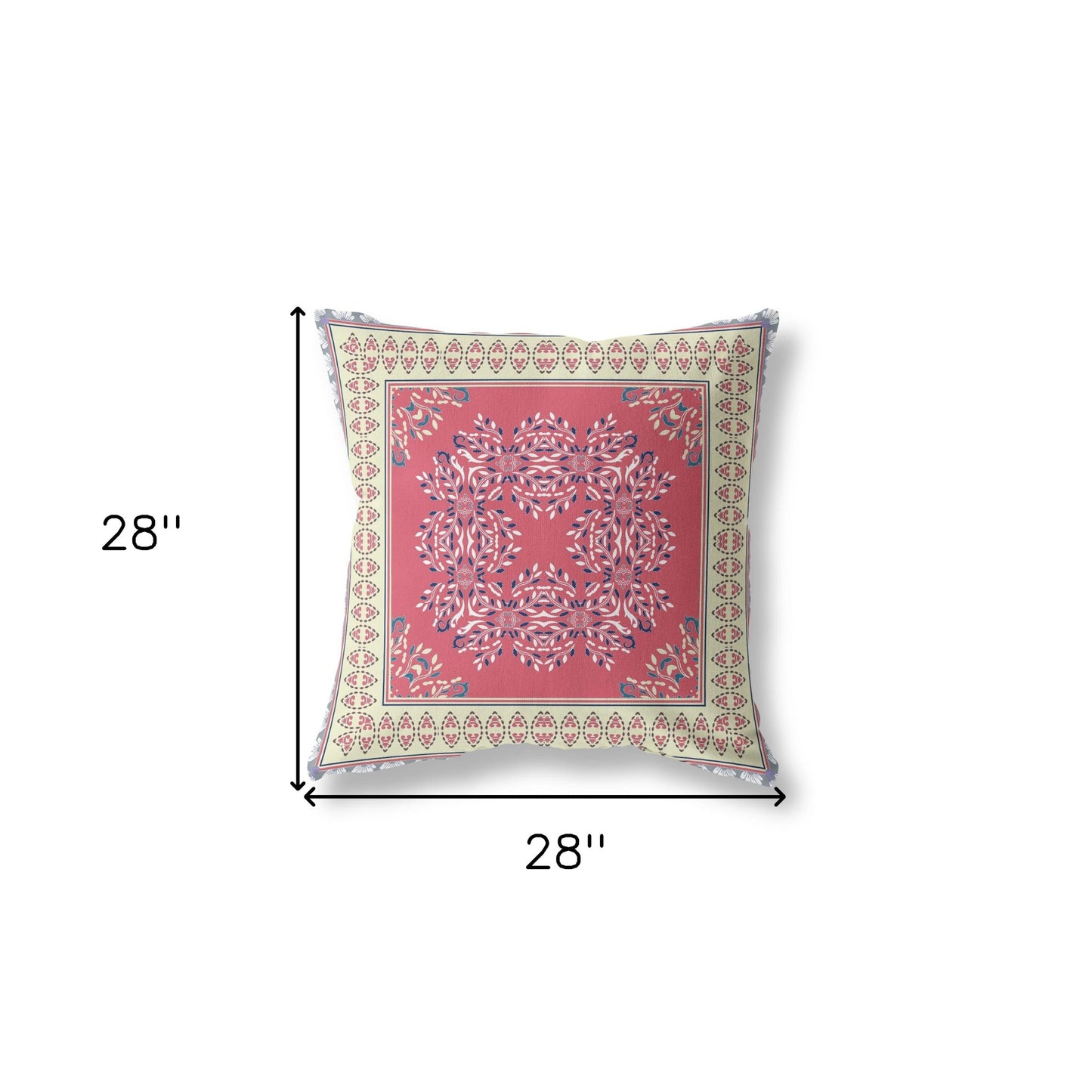 18" X 18" Red And Cream Blown Seam Floral Indoor Outdoor Throw Pillow