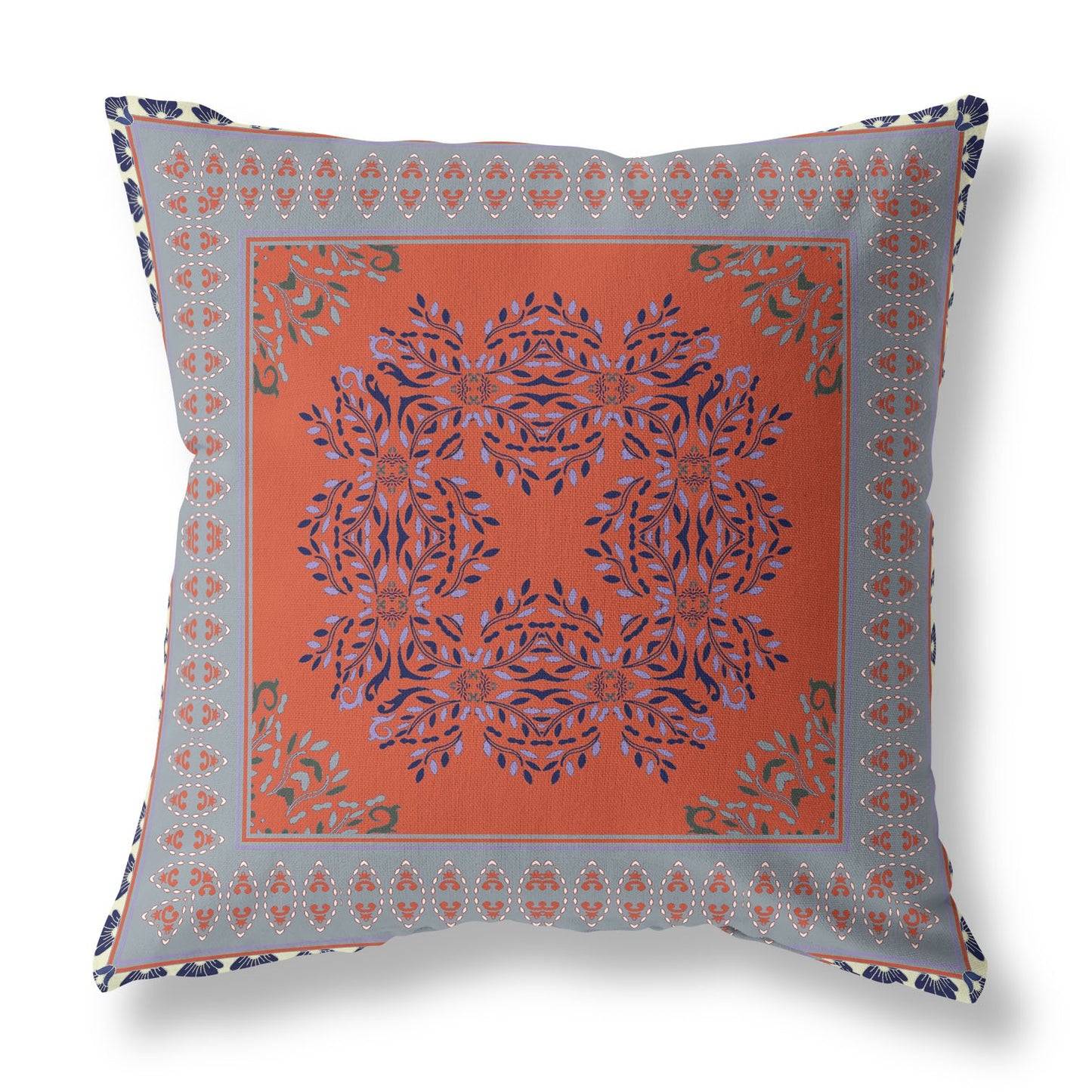 16" X 16" Orange And Gray Blown Seam Floral Indoor Outdoor Throw Pillow