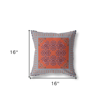 16" X 16" Orange And Gray Blown Seam Floral Indoor Outdoor Throw Pillow