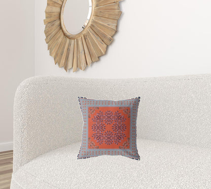 16" X 16" Orange And Gray Blown Seam Floral Indoor Outdoor Throw Pillow