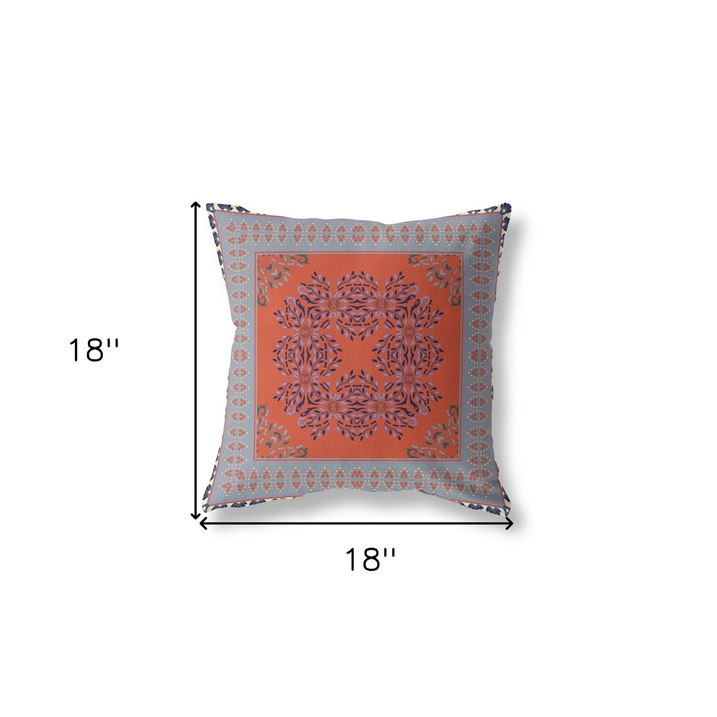 18" X 18" Orange And Gray Blown Seam Floral Indoor Outdoor Throw Pillow