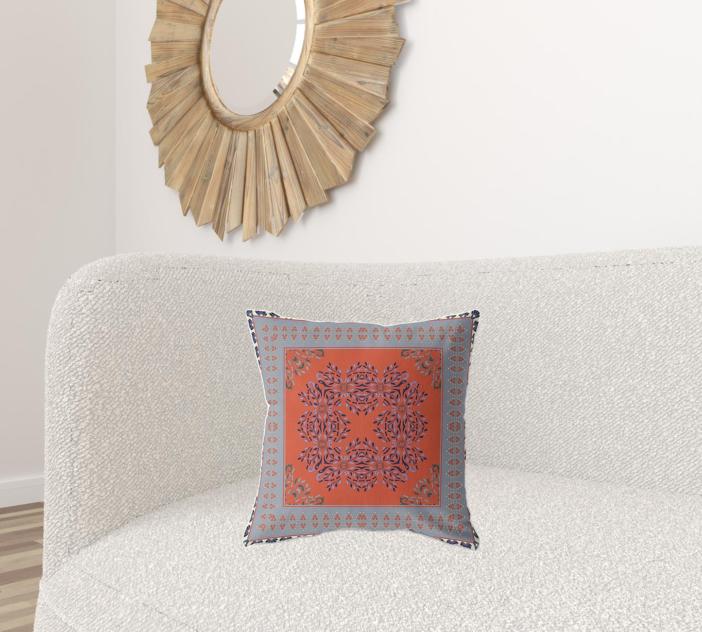 18" X 18" Orange And Gray Blown Seam Floral Indoor Outdoor Throw Pillow