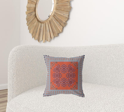 18" X 18" Orange And Gray Blown Seam Floral Indoor Outdoor Throw Pillow