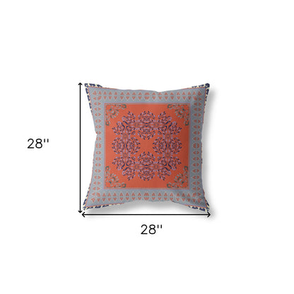 18" X 18" Orange And Gray Blown Seam Floral Indoor Outdoor Throw Pillow