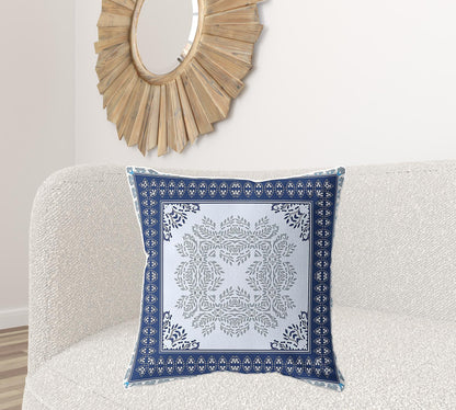 18" X 18" Light Blue Blown Seam Floral Indoor Outdoor Throw Pillow