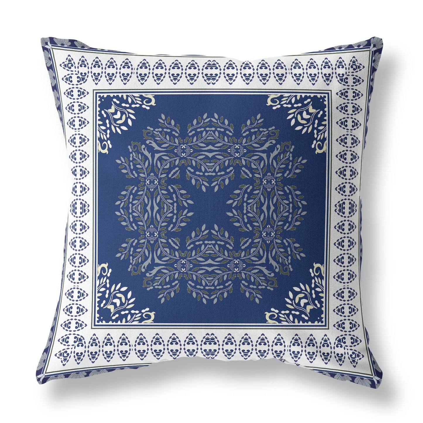 16" X 16" Indigo And White Blown Seam Floral Indoor Outdoor Throw Pillow