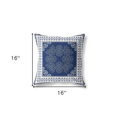 16" X 16" Indigo And White Blown Seam Floral Indoor Outdoor Throw Pillow