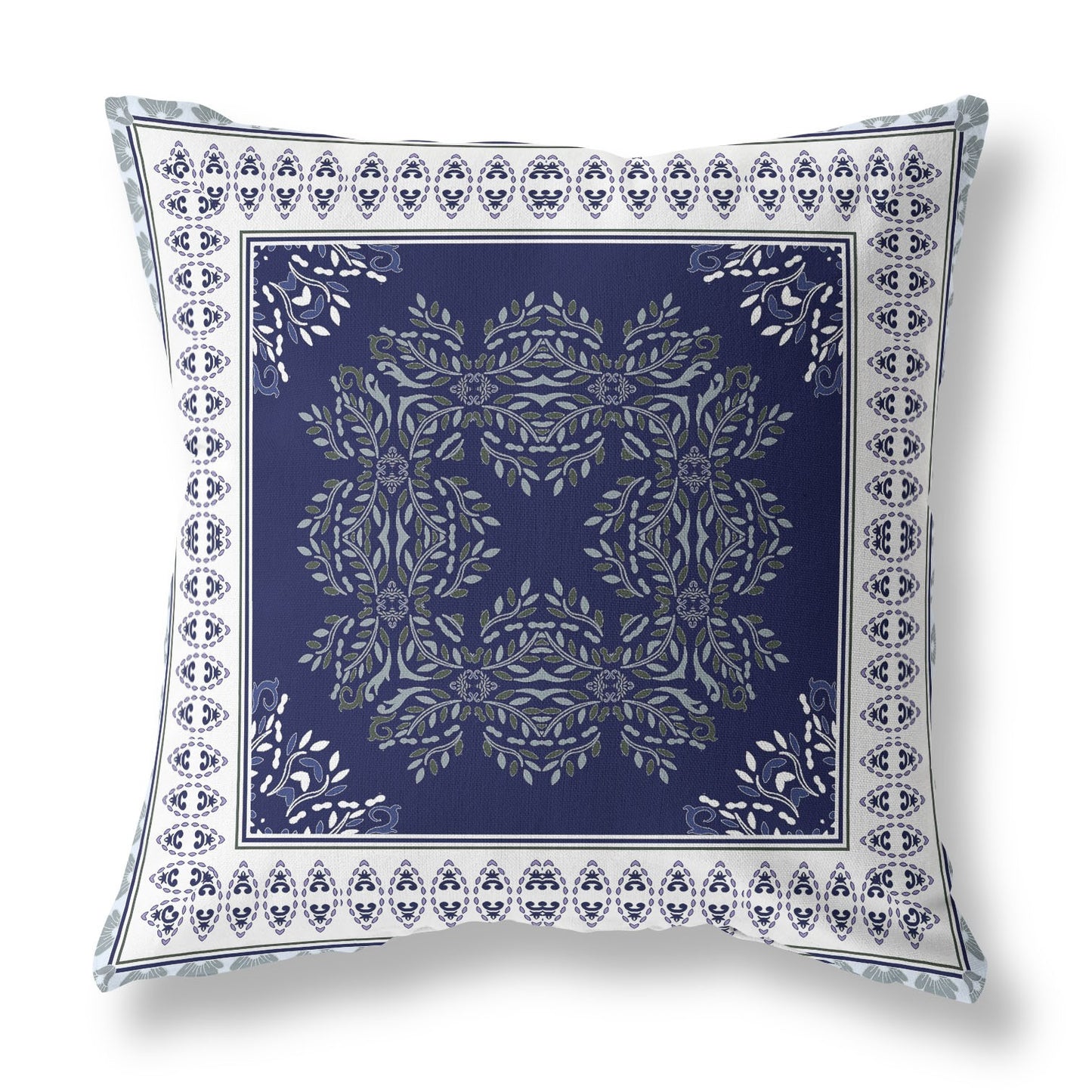 16" X 16" Indigo And Green Blown Seam Floral Indoor Outdoor Throw Pillow