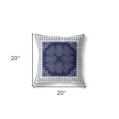 18" X 18" Indigo And Green Blown Seam Floral Indoor Outdoor Throw Pillow