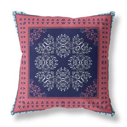 16" X 16" Indigo And Pink Blown Seam Floral Indoor Outdoor Throw Pillow