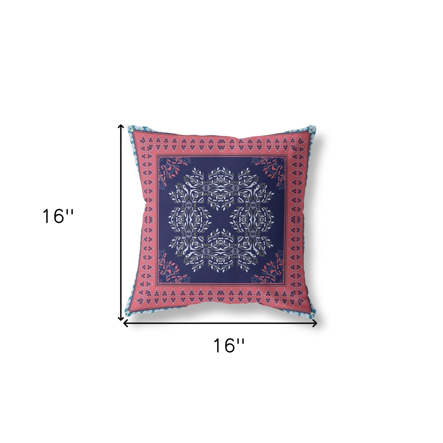 16" X 16" Indigo And Pink Blown Seam Floral Indoor Outdoor Throw Pillow