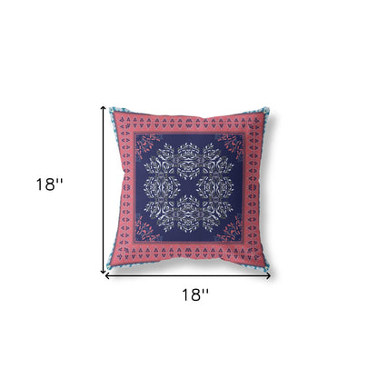 18" X 18" Indigo And Pink Blown Seam Floral Indoor Outdoor Throw Pillow