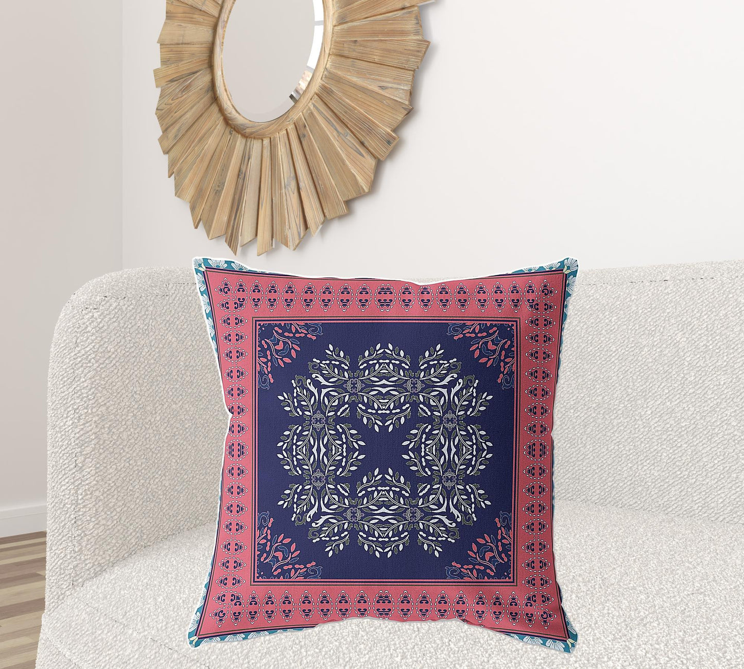 18" X 18" Indigo And Pink Blown Seam Floral Indoor Outdoor Throw Pillow