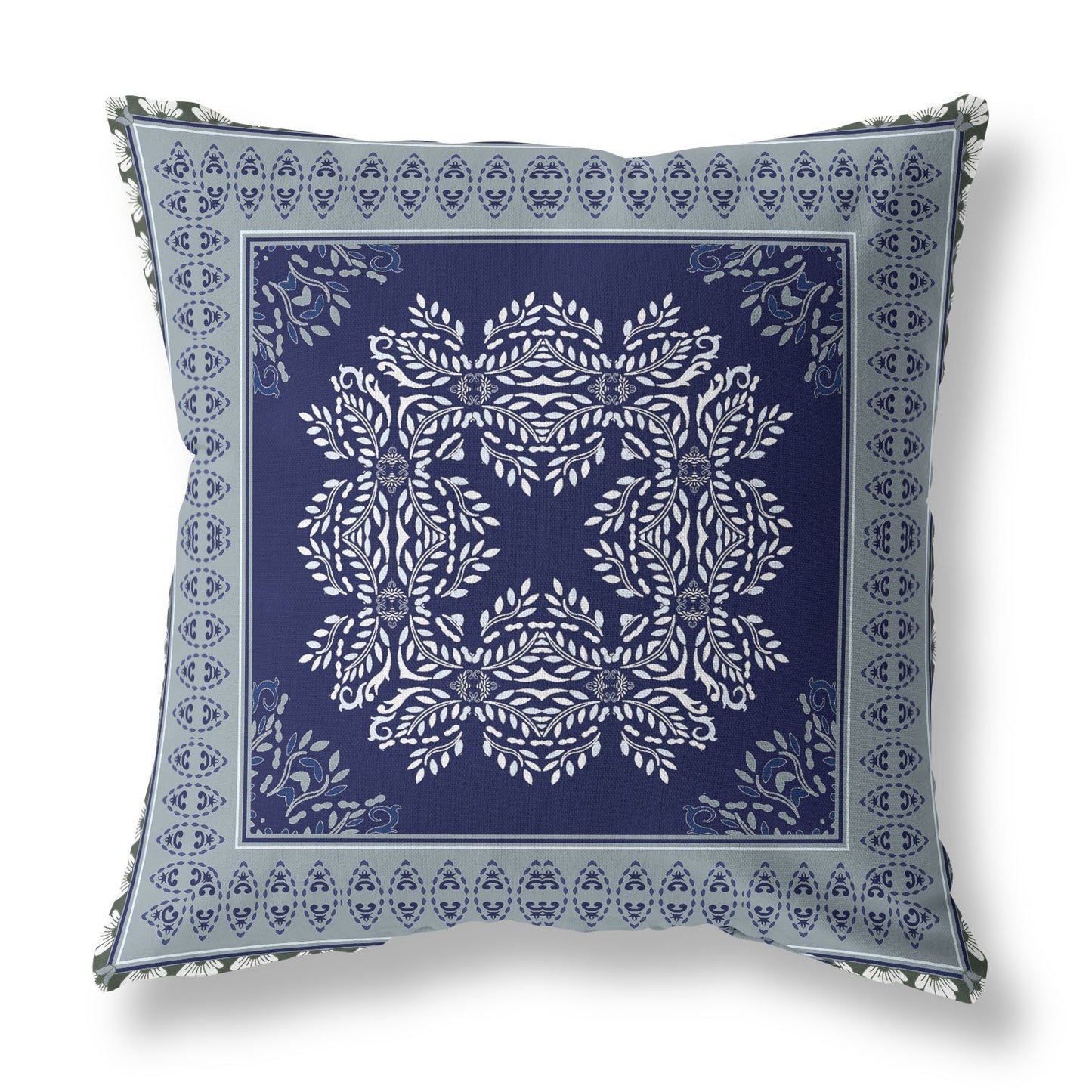 16" X 16" Indigo And Green Blown Seam Damask Indoor Outdoor Throw Pillow