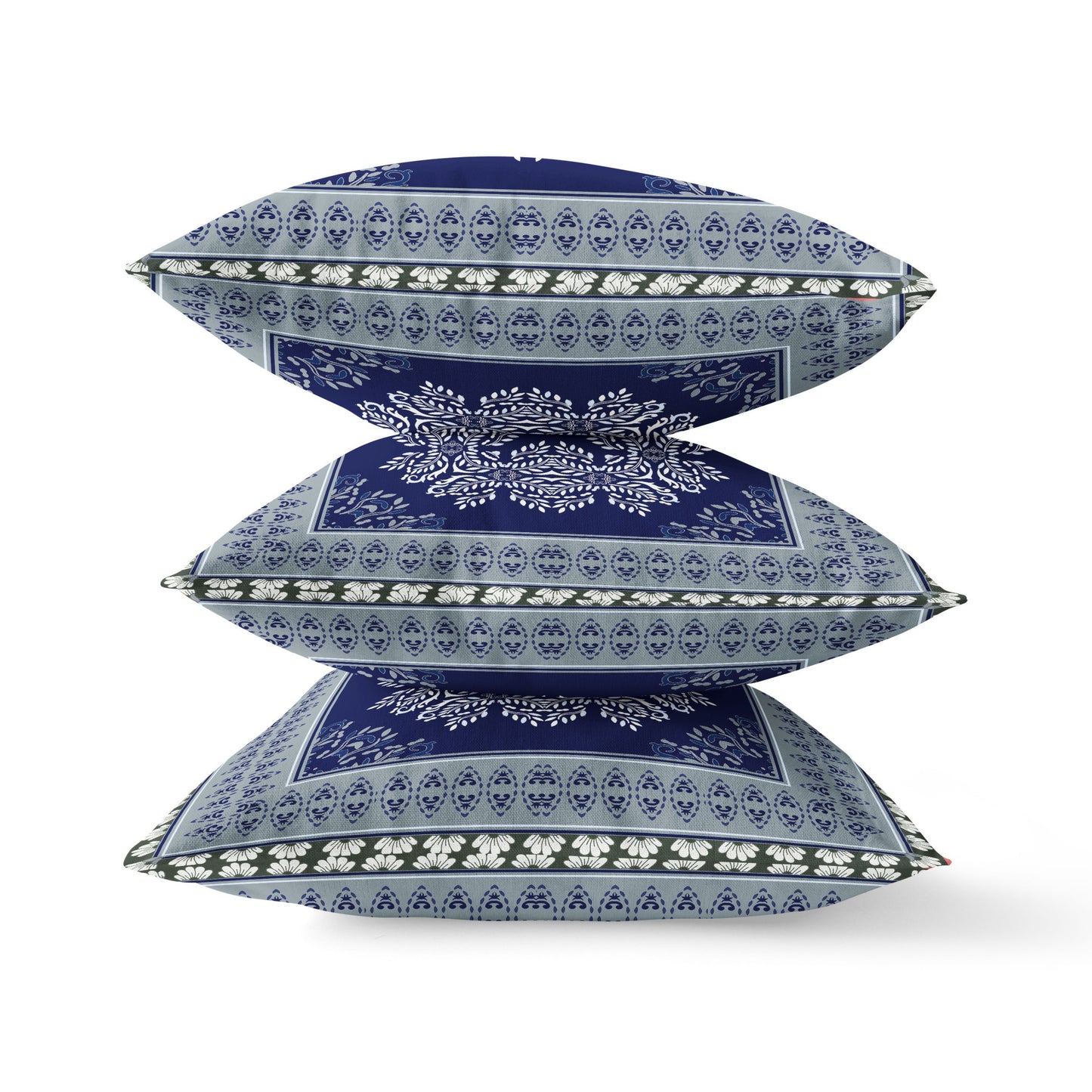 16" X 16" Indigo And Green Blown Seam Damask Indoor Outdoor Throw Pillow