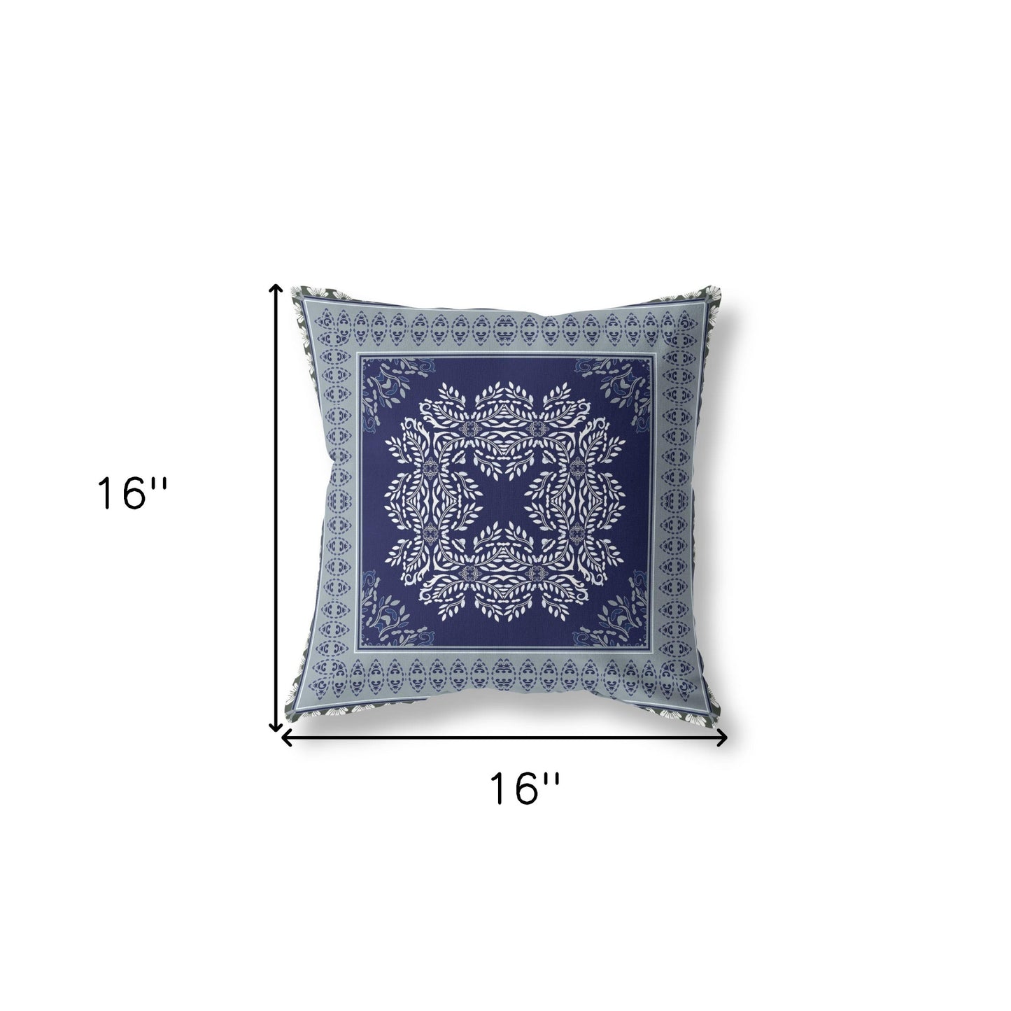 16" X 16" Indigo And Green Blown Seam Damask Indoor Outdoor Throw Pillow