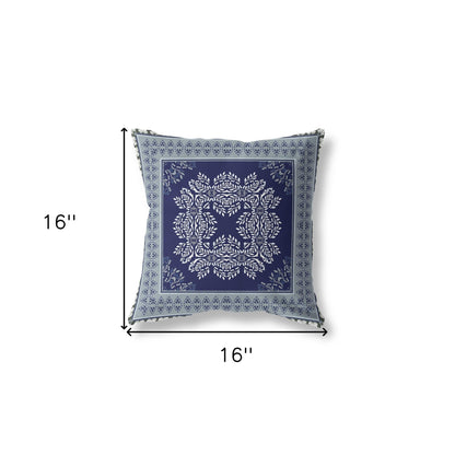 16" X 16" Indigo And Green Blown Seam Damask Indoor Outdoor Throw Pillow