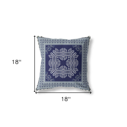 18" X 18" Indigo And Green Blown Seam Damask Indoor Outdoor Throw Pillow