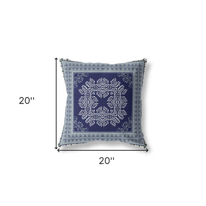 18" X 18" Indigo And Green Blown Seam Damask Indoor Outdoor Throw Pillow